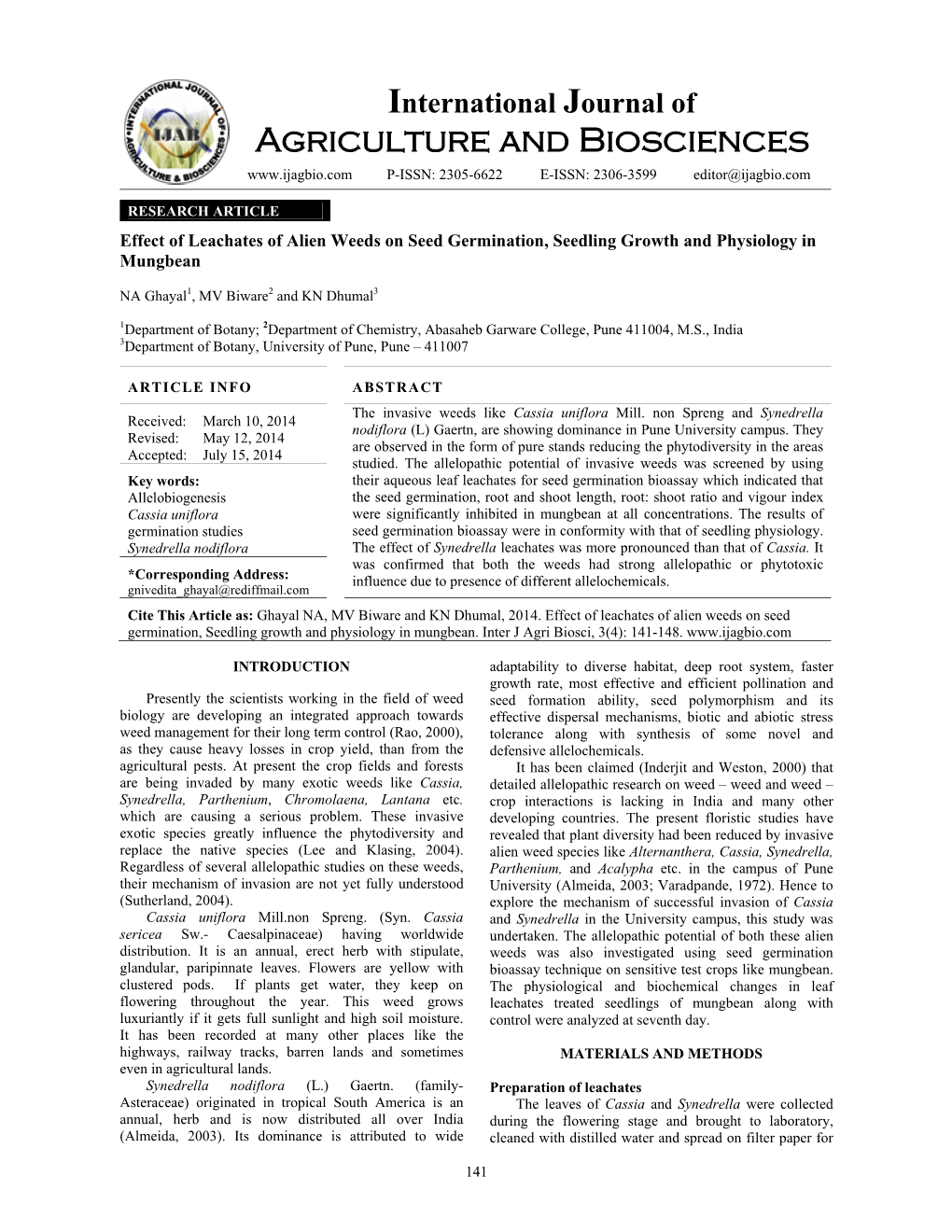 Effect of Leachates of Alien Weeds on Seed Germination, Seedling Growth and Physiology in Mungbean