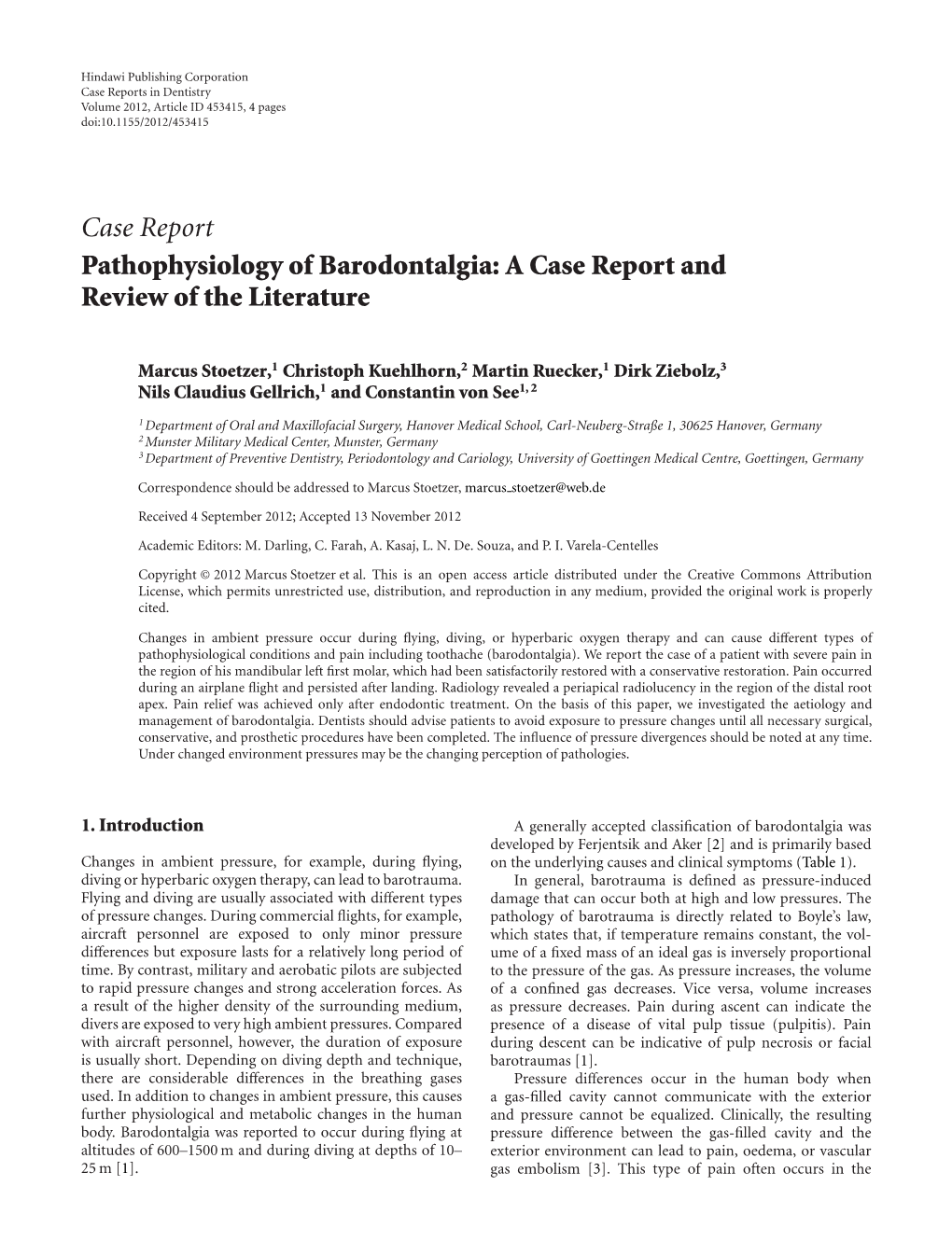 Case Report Pathophysiology of Barodontalgia: a Case Report and Review of the Literature