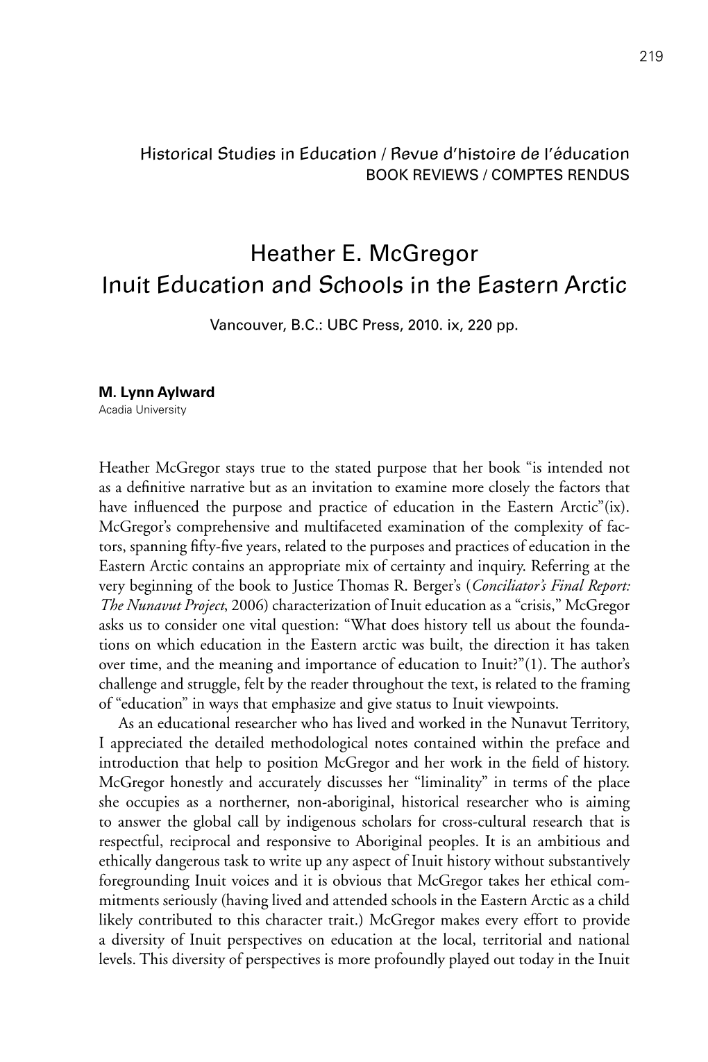 Heather E. Mcgregor Inuit Education and Schools in the Eastern Arctic