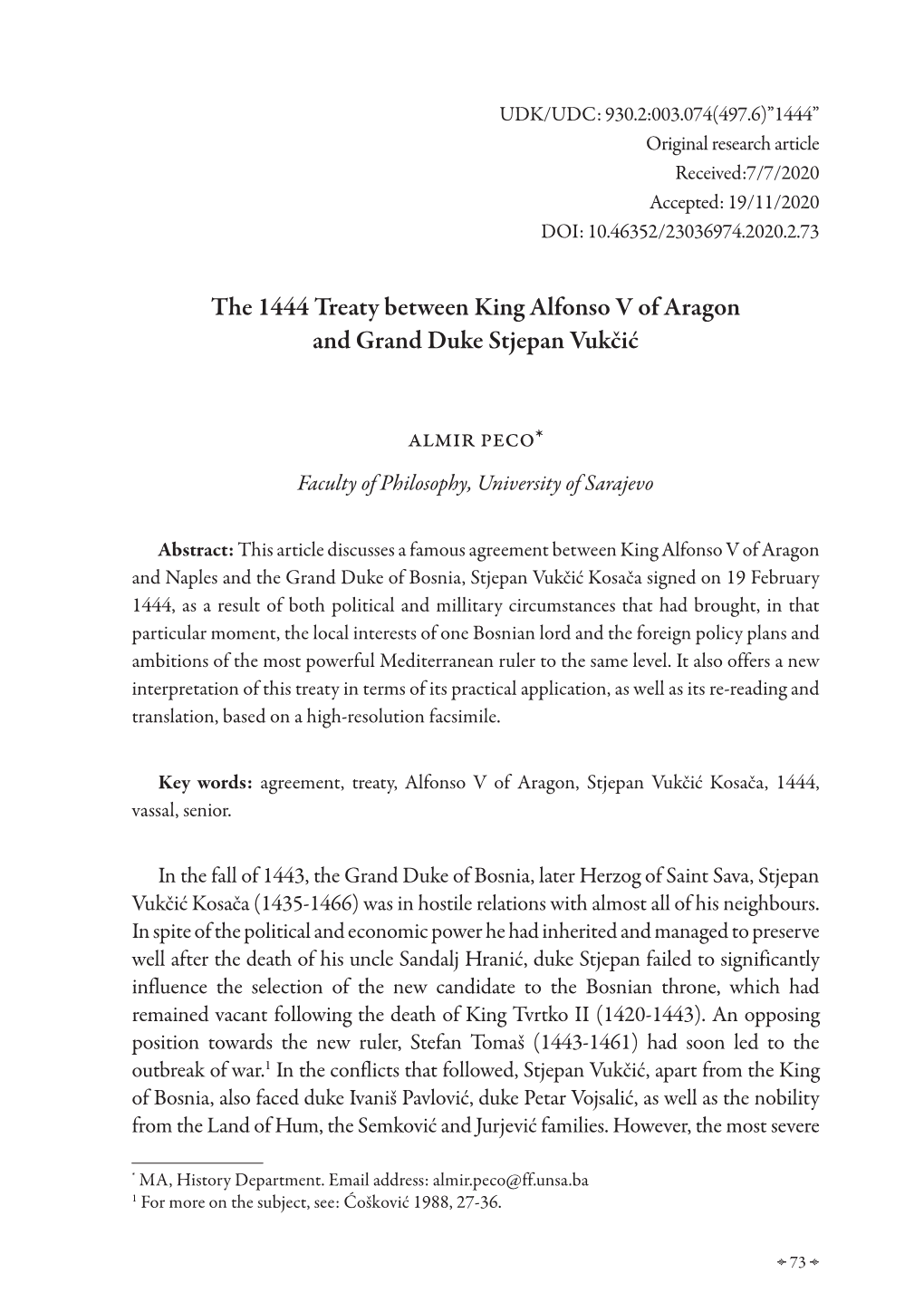 The 1444 Treaty Between King Alfonso V of Aragon and Grand Duke Stjepan Vukčić Almir Peco*