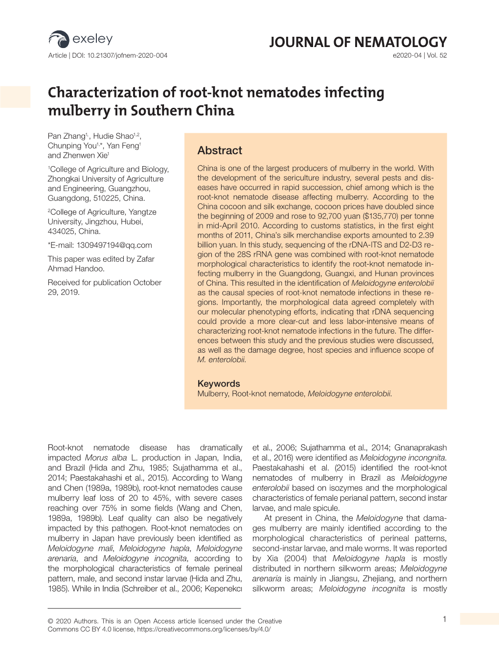 Characterization of Root-Knot Nematodes Infecting Mulberry in Southern China