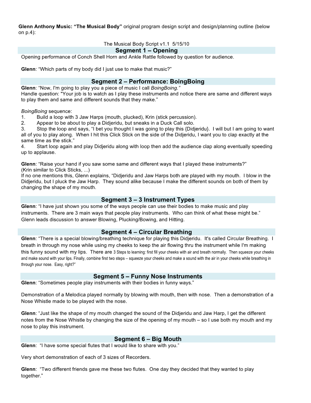 The Musical Body” Original Program Design Script and Design/Planning Outline (Below on P.4)