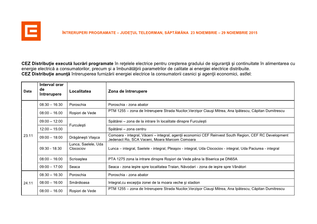 CEZ Distribuţie Execută Lucrări Programate În Reţelele Electrice