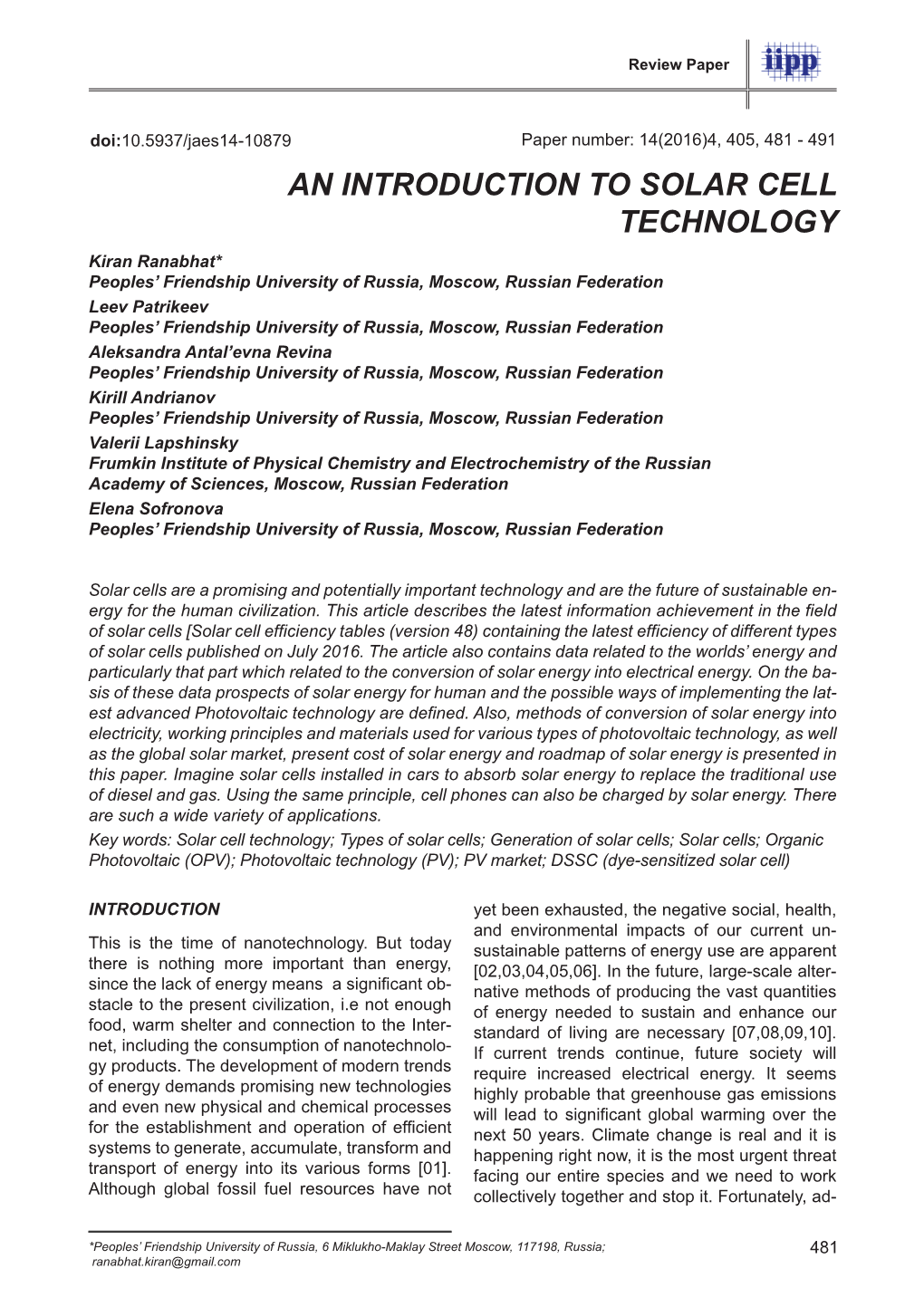 An Introduction to Solar Cell Technology