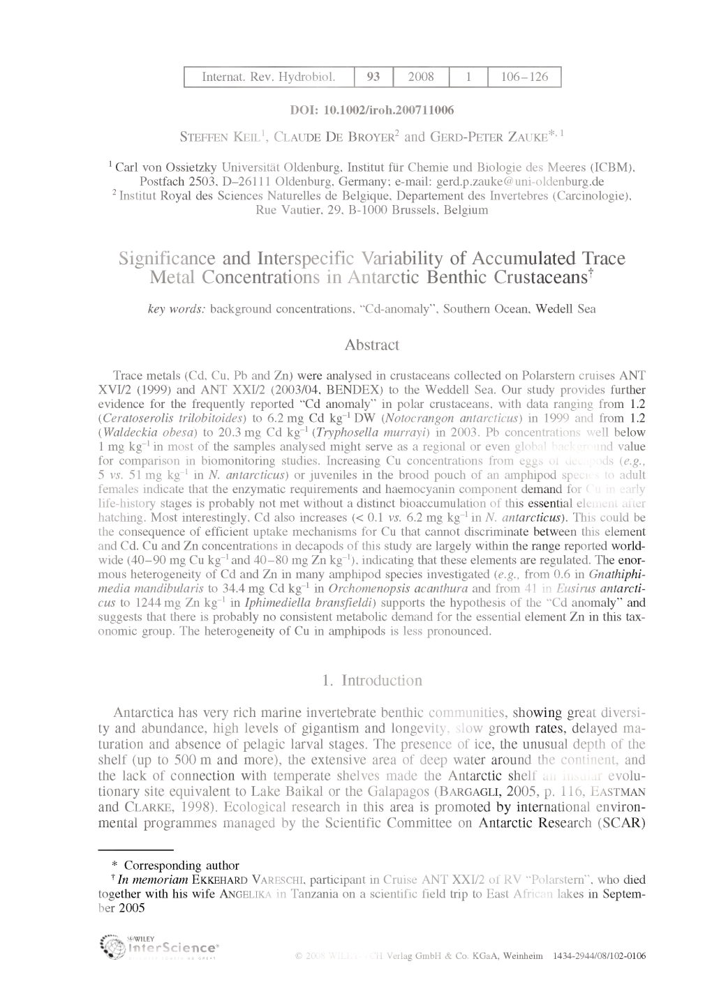 Significance and Interspecific Variability of Accumulated Trace Metal Concentrations in Antarctic Benthic Crustaceans'