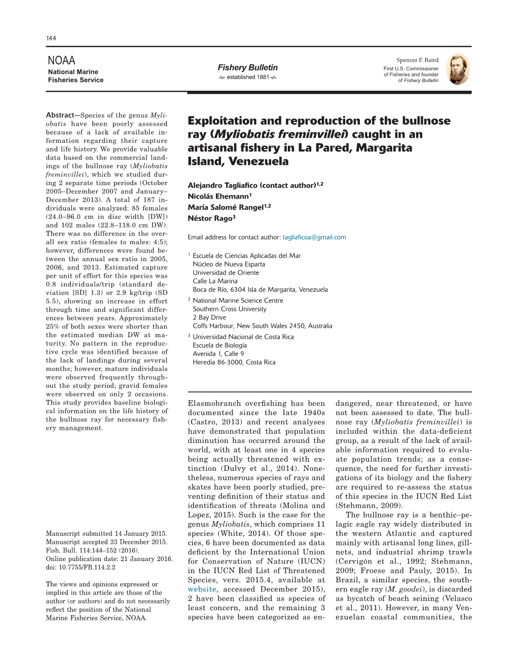 NOAA Exploitation and Reproduction of the Bullnose Ray (Myliobatis