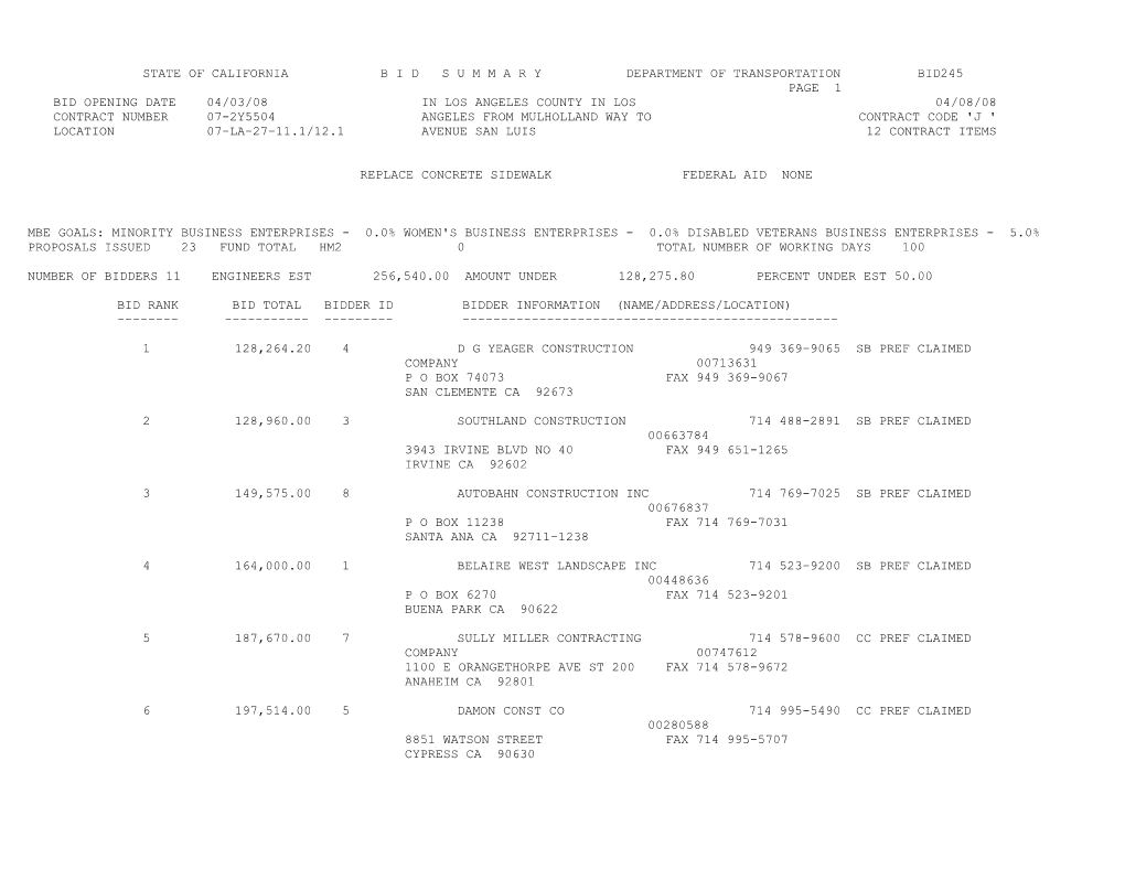 State of California B I D S U M M a R Y Department of Transportation Bid245 s49