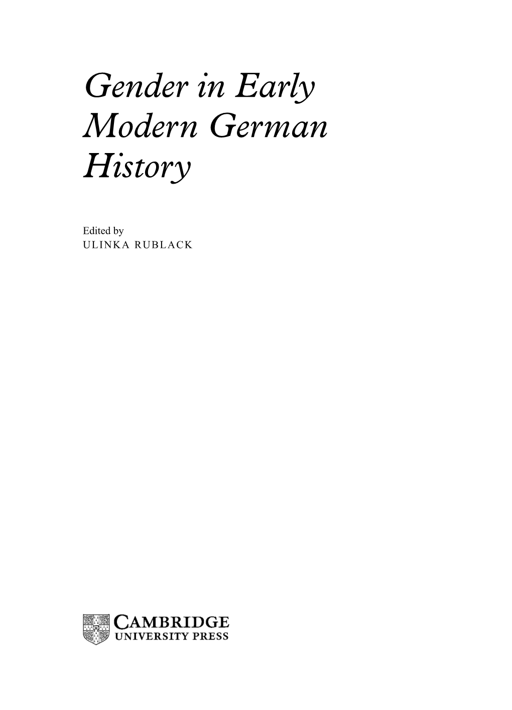 Gender in Early Modern German History