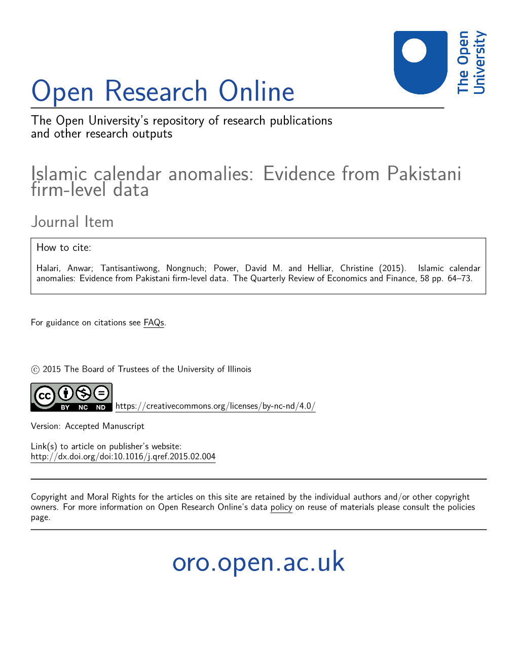 Islamic Calendar Anomalies: Evidence from Pakistani ﬁrm-Level Data Journal Item