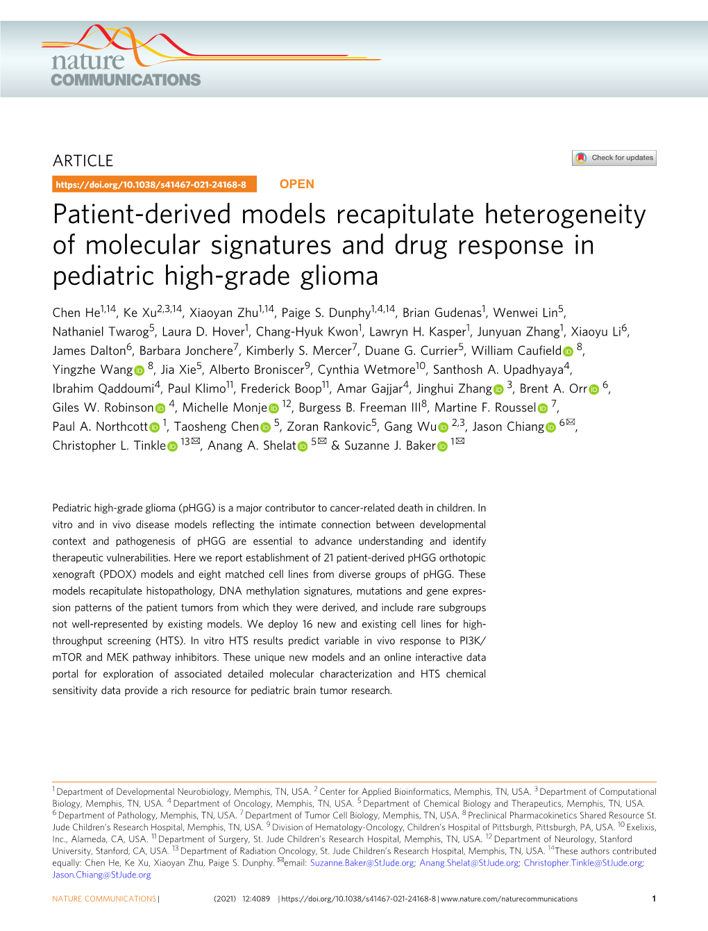 Patient-Derived Models Recapitulate Heterogeneity of Molecular Signatures and Drug Response in Pediatric High-Grade Glioma