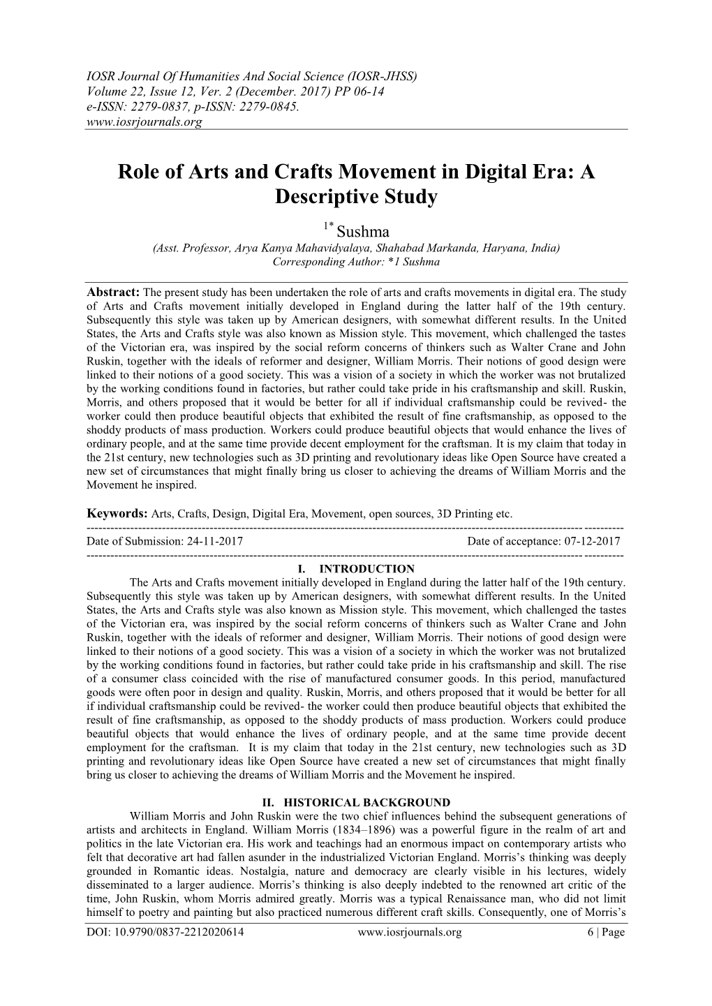 Role of Arts and Crafts Movement in Digital Era: a Descriptive Study