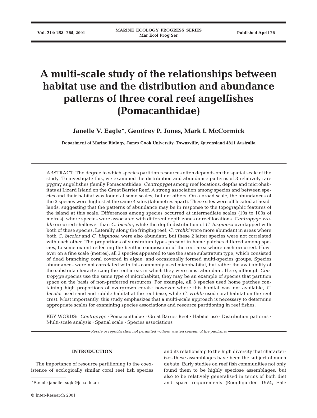 A Multi-Scale Study of the Relationships Between Habitat Use and the Distribution and Abundance Patterns of Three Coral Reef Angelfishes (Pomacanthidae)