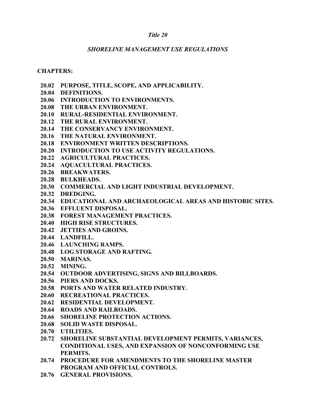 Title 20 SHORELINE MANAGEMENT USE REGULATIONS CHAPTERS: 20.02 PURPOSE, TITLE, SCOPE, and APPLICABILITY. 20.04 DEFINITIONS. 20.06