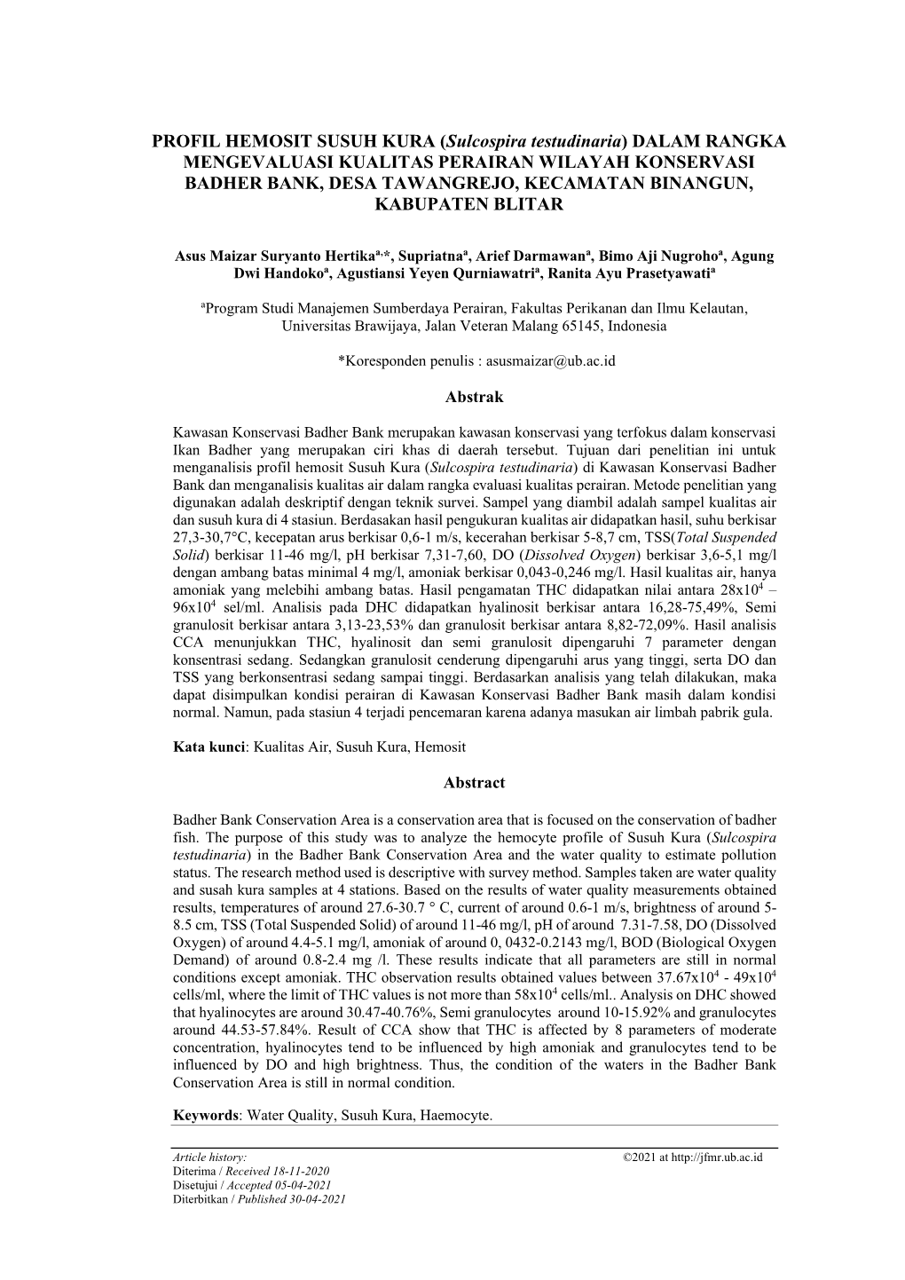 PROFIL HEMOSIT SUSUH KURA (Sulcospira Testudinaria) DALAM