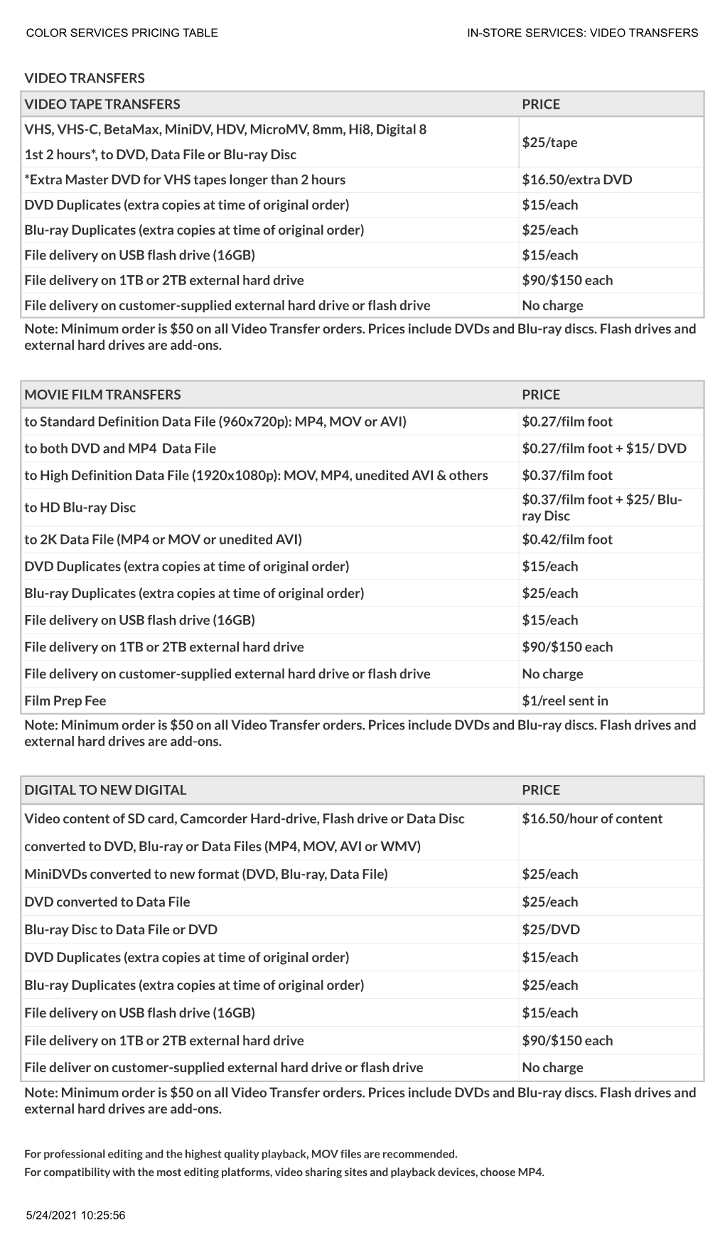 Color Services Pricing Table In-Store Services: Video Transfers