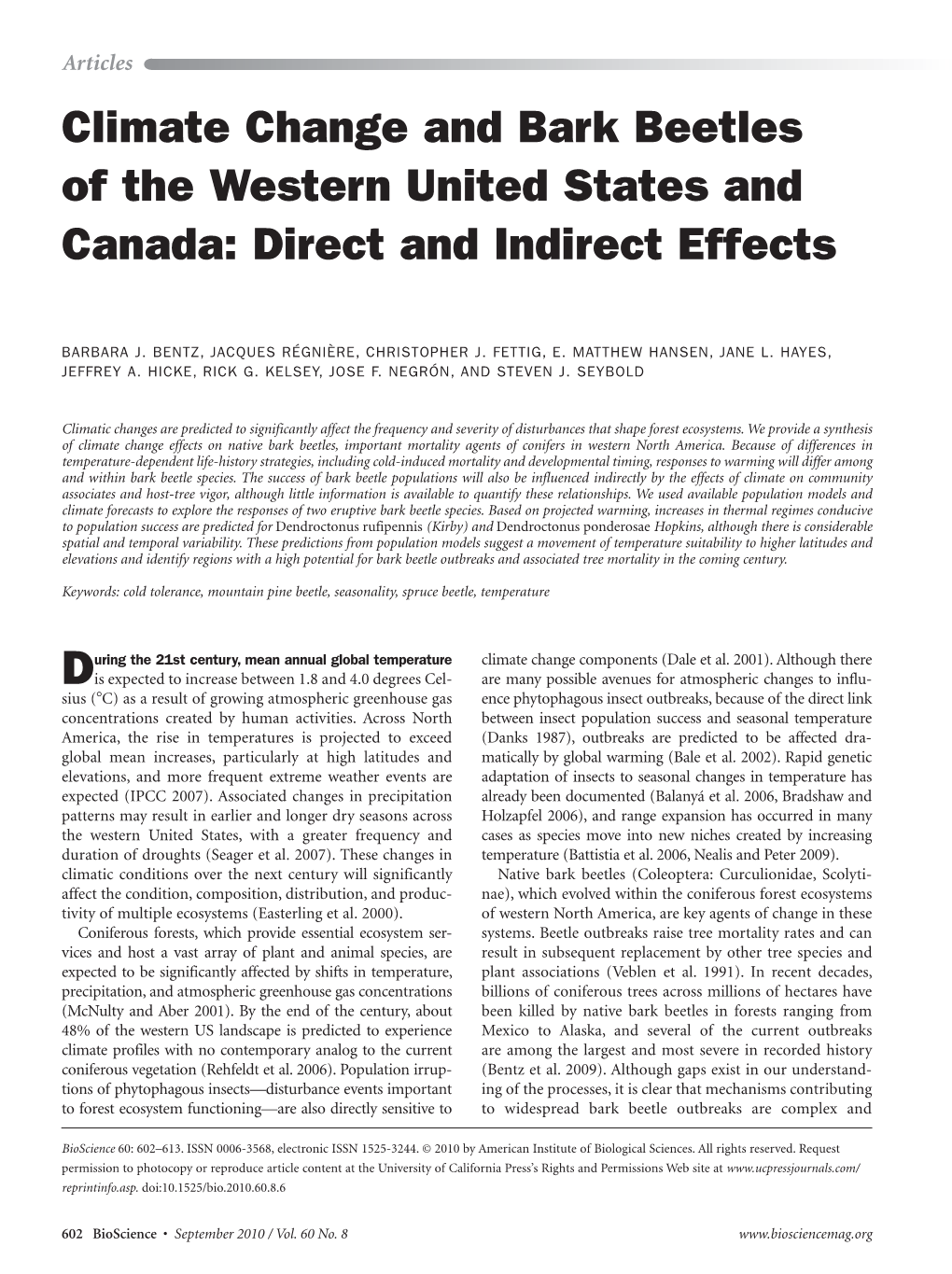 Climate Change and Bark Beetles of the Western United States and Canada: Direct and Indirect Effects