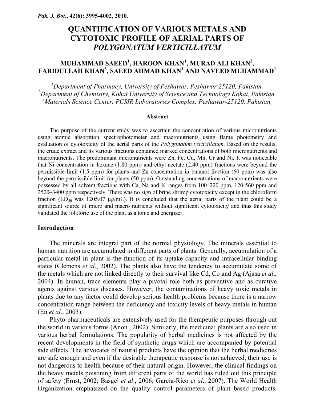 Quantification of Various Metals and Cytotoxic Profile of Aerial Parts of Polygonatum Verticillatum