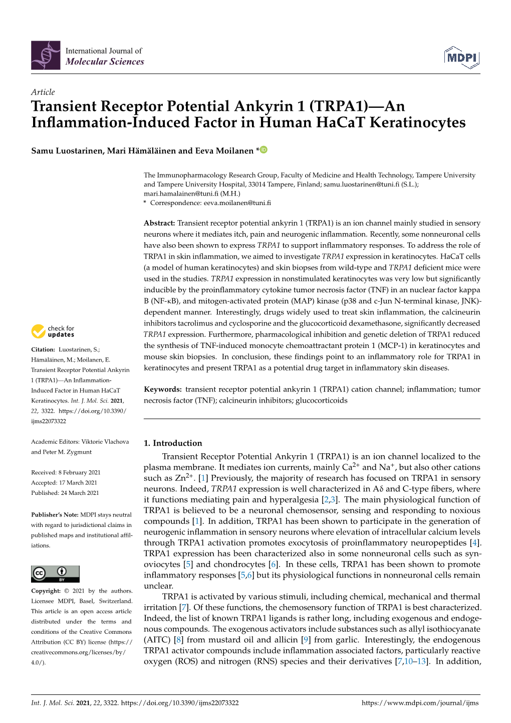 TRPA1)—An Inﬂammation-Induced Factor in Human Hacat Keratinocytes