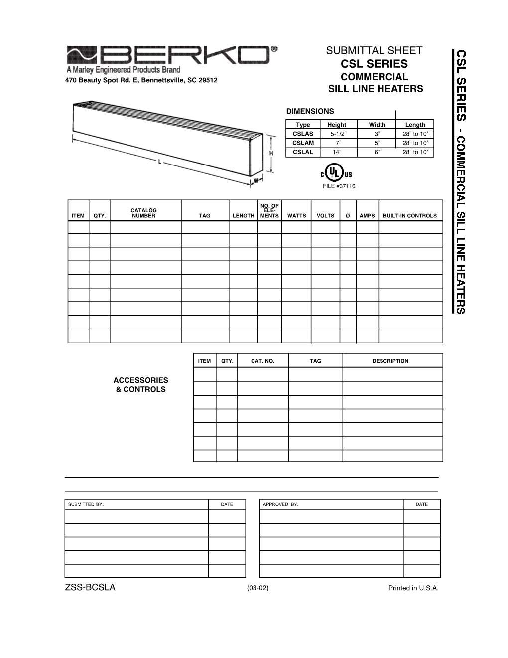 Submittal Sheet Csl Series