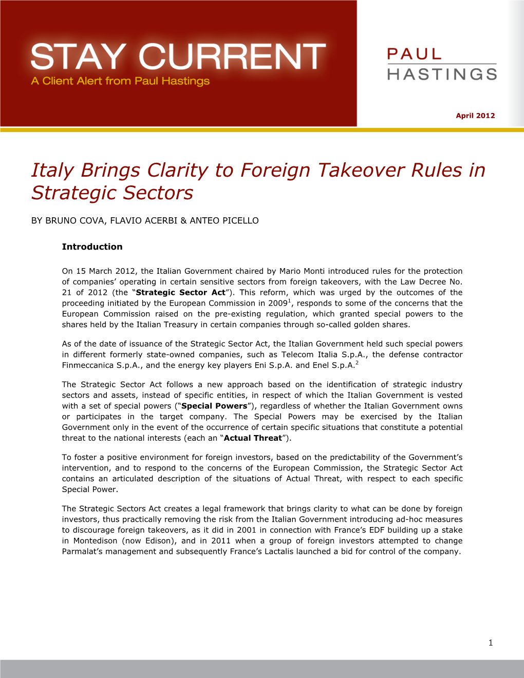Italy Brings Clarity to Foreign Takeover Rules in Strategic Sectors