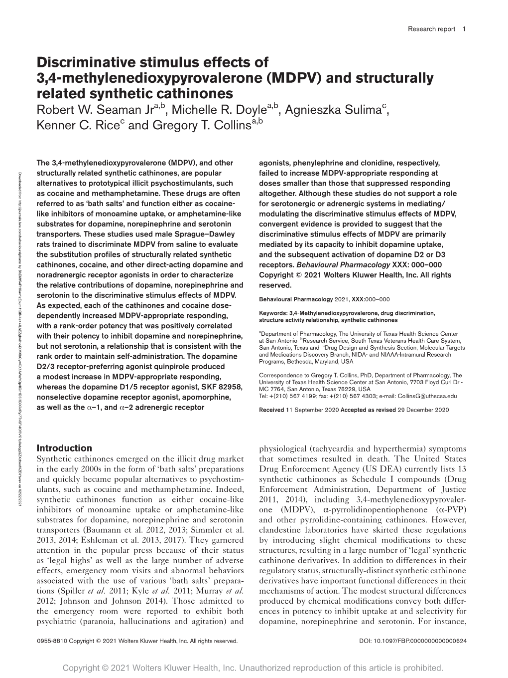 Discriminative Stimulus Effects of 3,4-Methylenedioxypyrovalerone (MDPV) and Structurally Related Synthetic Cathinones