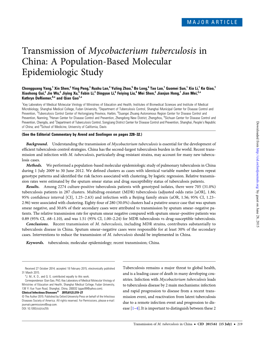 Transmission of Mycobacterium Tuberculosis in China: a Population-Based Molecular Epidemiologic Study