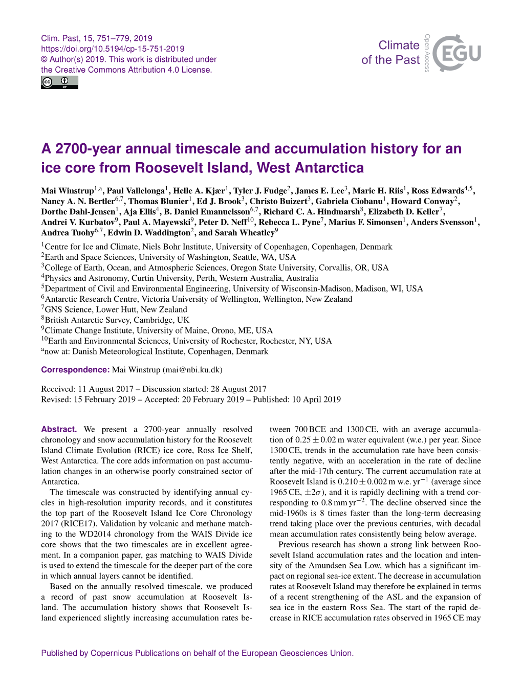 A 2700-Year Annual Timescale and Accumulation History for an Ice Core from Roosevelt Island, West Antarctica