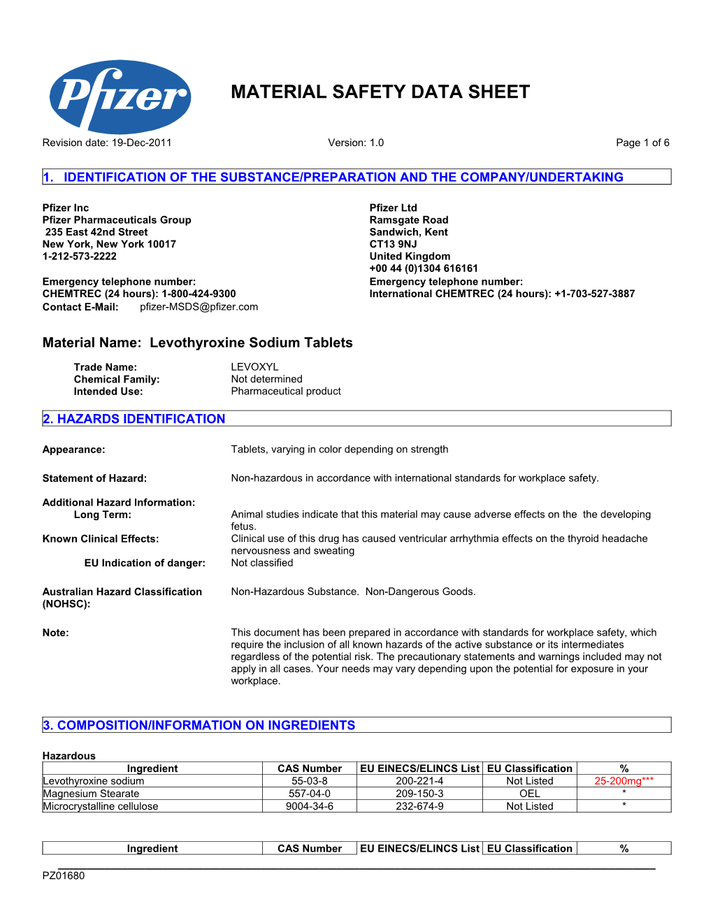 Material Safety Data Sheet