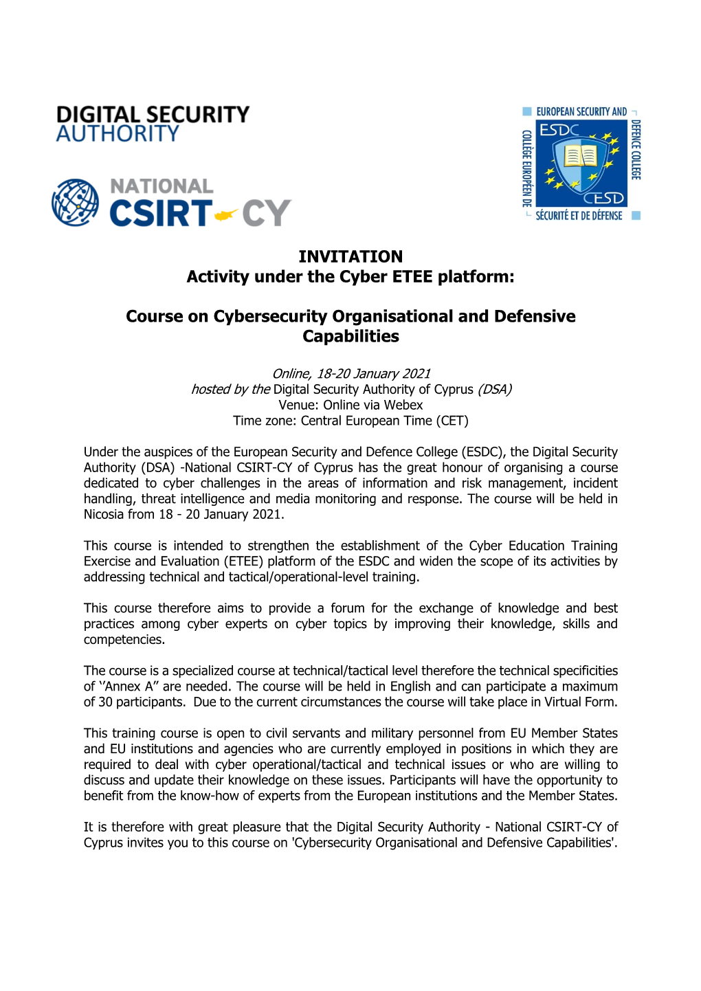 INVITATION Activity Under the Cyber ETEE Platform: Course on Cybersecurity Organisational and Defensive Capabilities