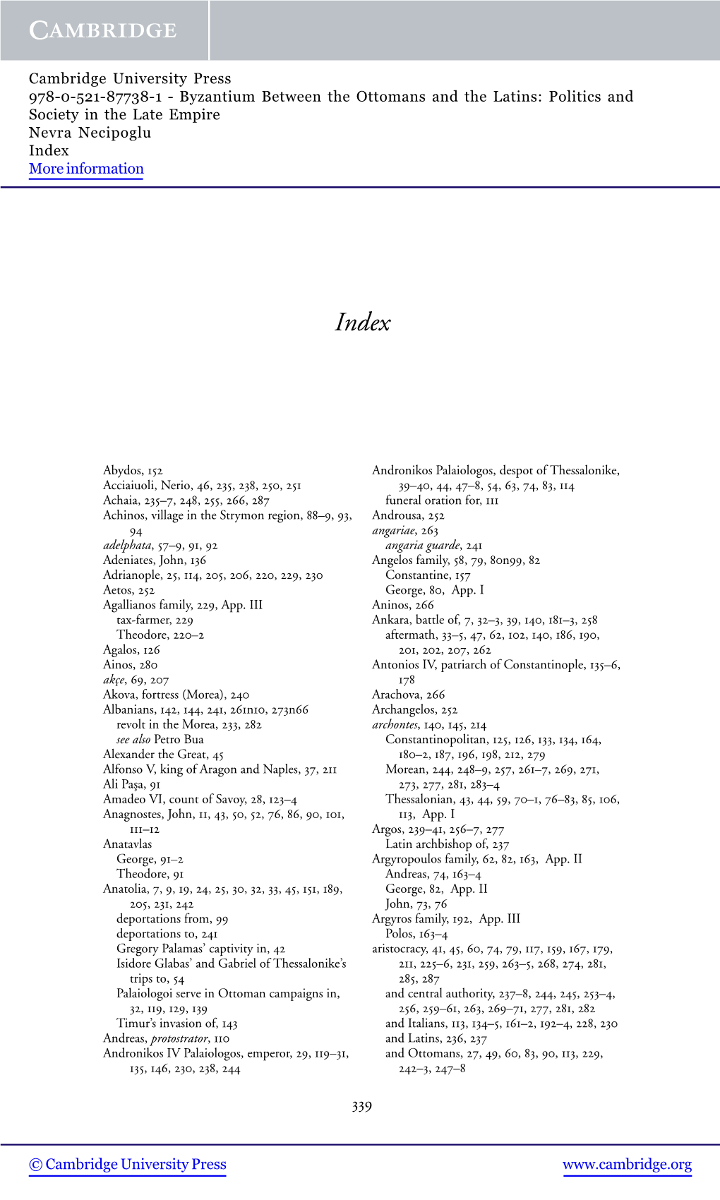 Byzantium Between the Ottomans and the Latins: Politics and Society in the Late Empire Nevra Necipoglu Index More Information