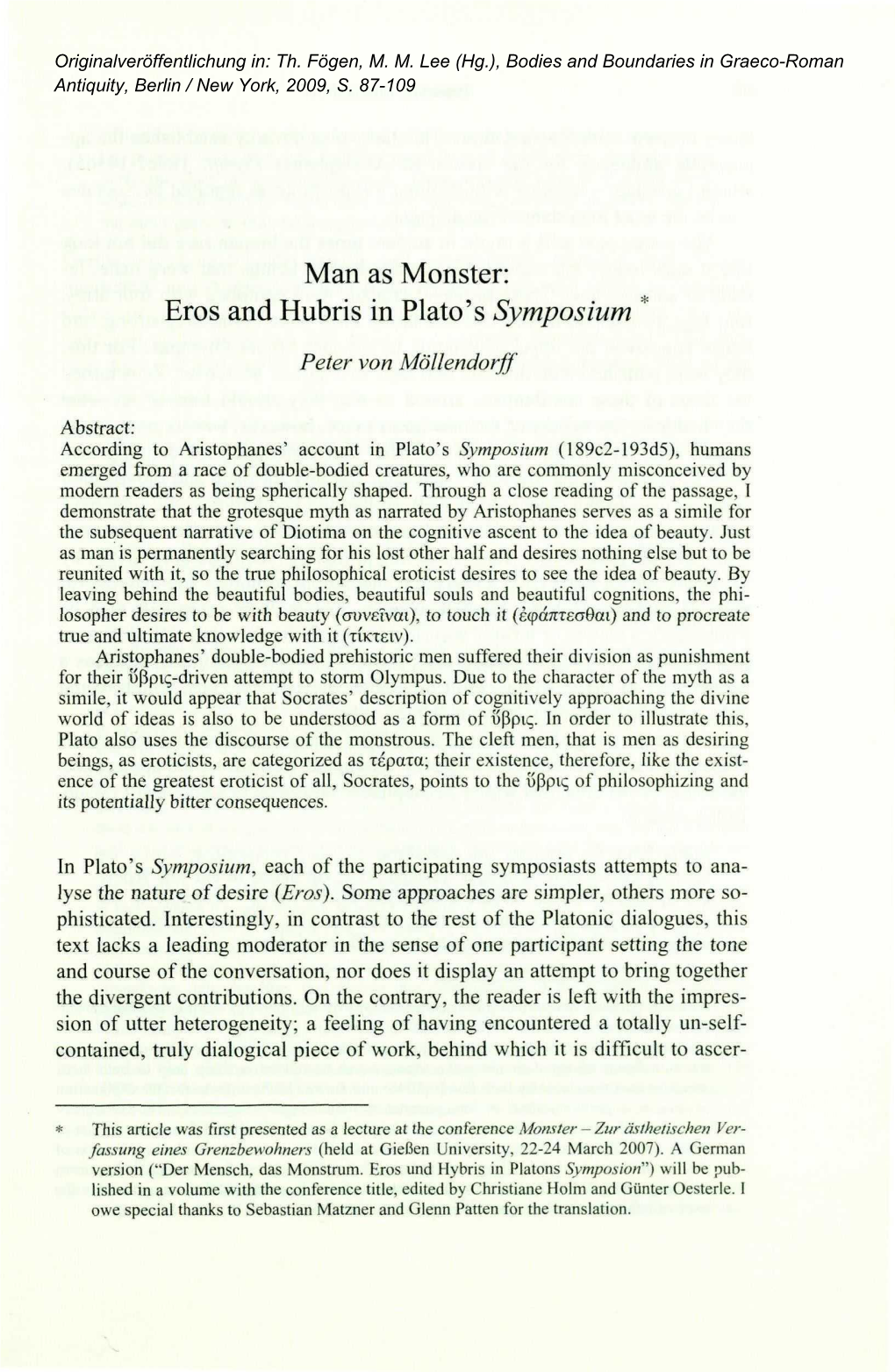 Man As Monster: Eros and Hubris in Plato's Symposium *