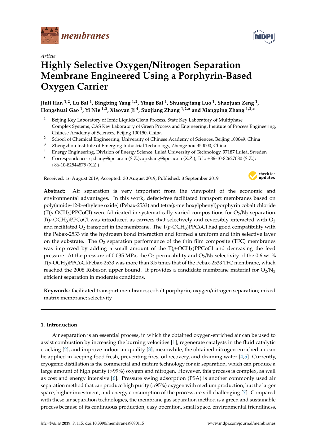 Highly Selective Oxygen/Nitrogen Separation Membrane Engineered Using a Porphyrin-Based Oxygen Carrier