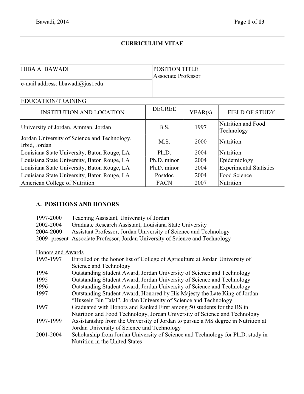 Bawadi, 2014 Page 1 of 13 CURRICULUM VITAE HIBA A