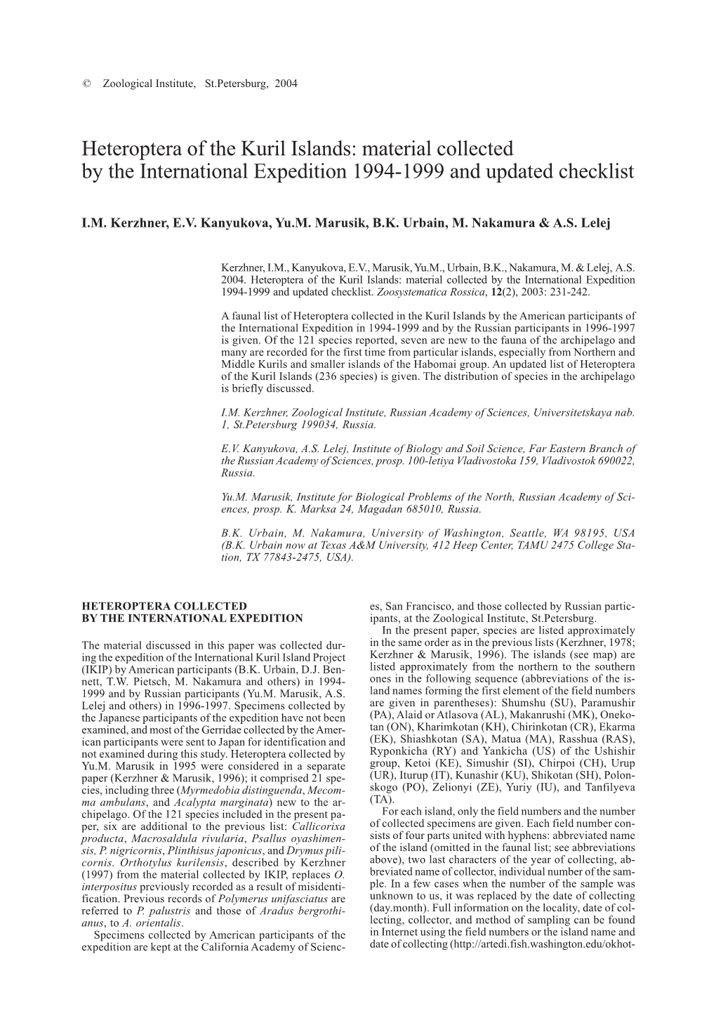 Heteroptera of the Kuril Islands: Material Collected by the International Expedition 1994-1999 and Updated Checklist