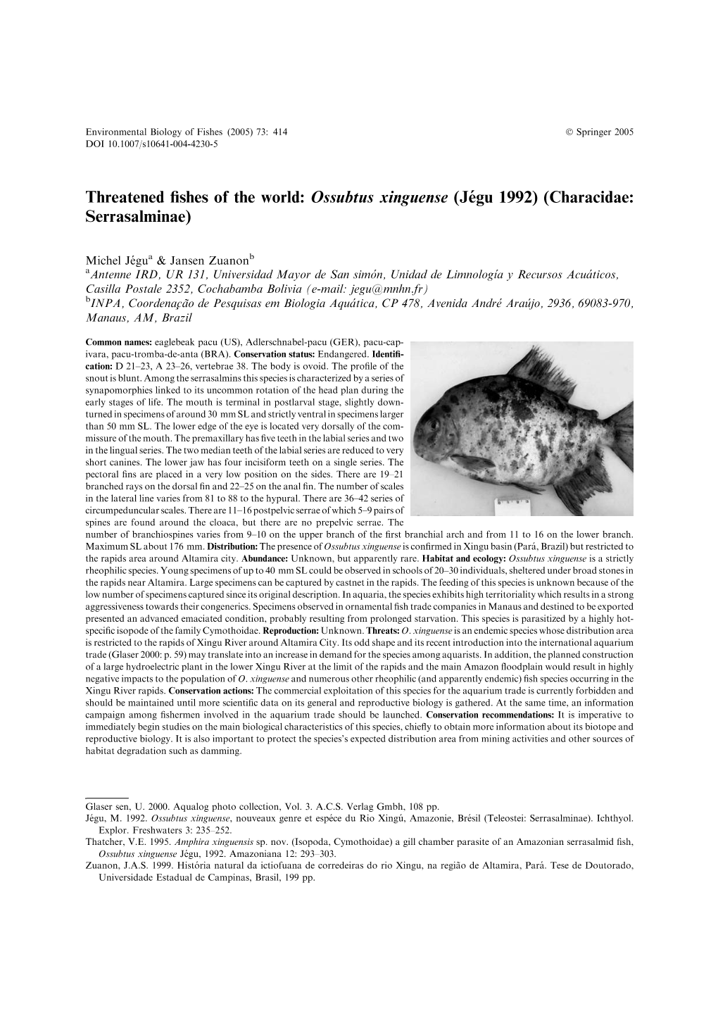 Ossubtus Xinguense (Je´Gu 1992) (Characidae: Serrasalminae)