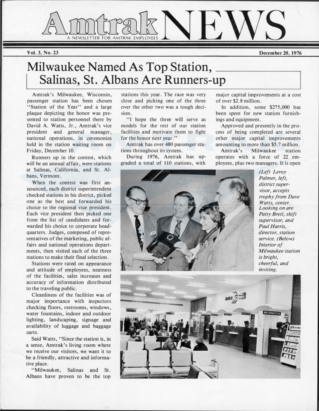 Milwaukee Named As Top Station, I Salinas, St. Albans Are Runners-Up