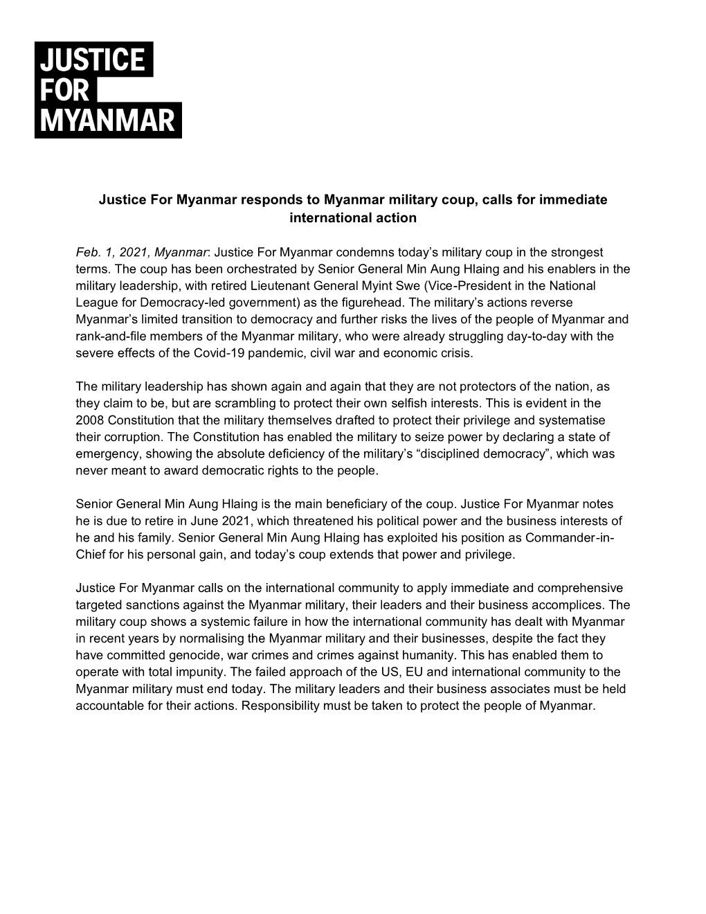 Justice for Myanmar Responds to Myanmar Military Coup, Calls for Immediate International Action