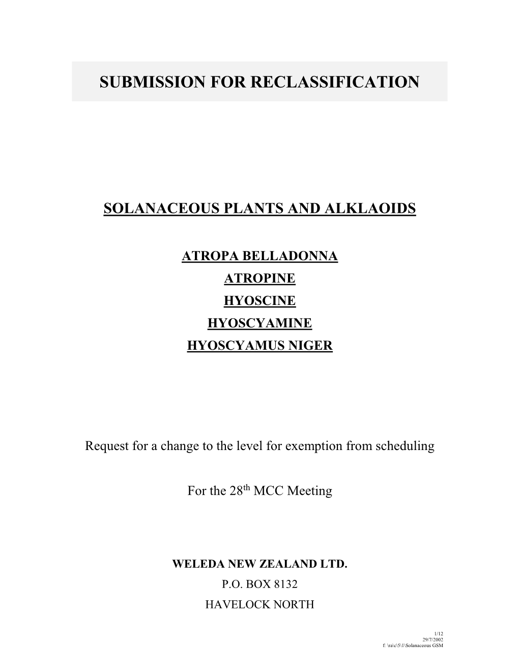 Submission for Reclassification Solanaceous Plants And