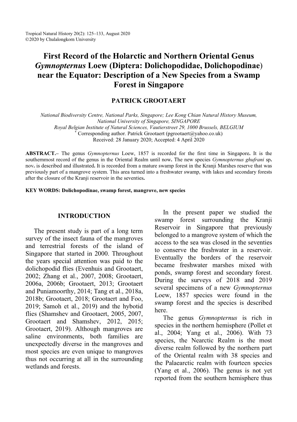 Diptera: Dolichopodidae, Dolichopodinae) Near the Equator: Description of a New Species from a Swamp Forest in Singapore