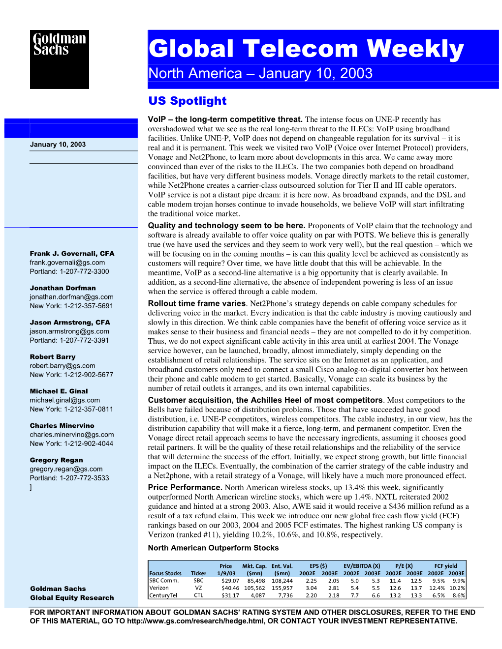 Global Telecom Weekly North America – January 10, 2003