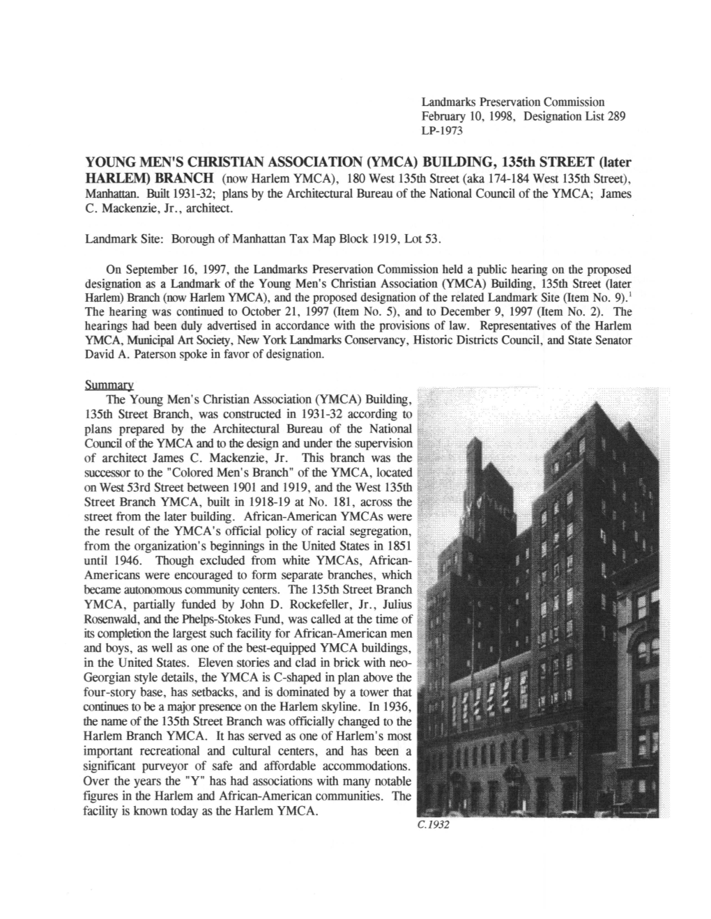 (YMCA) BUILDING, 135Th STREET (Later HARLEM) BRANCH (Now Harlem YMCA), 180West135th Street (Aka 174-184West135th Street), Manhattan