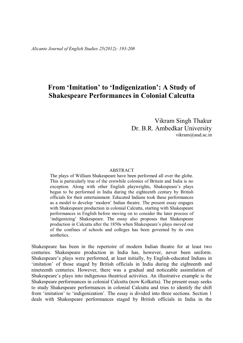 A Study of Shakespeare Performances in Colonial Calcutta