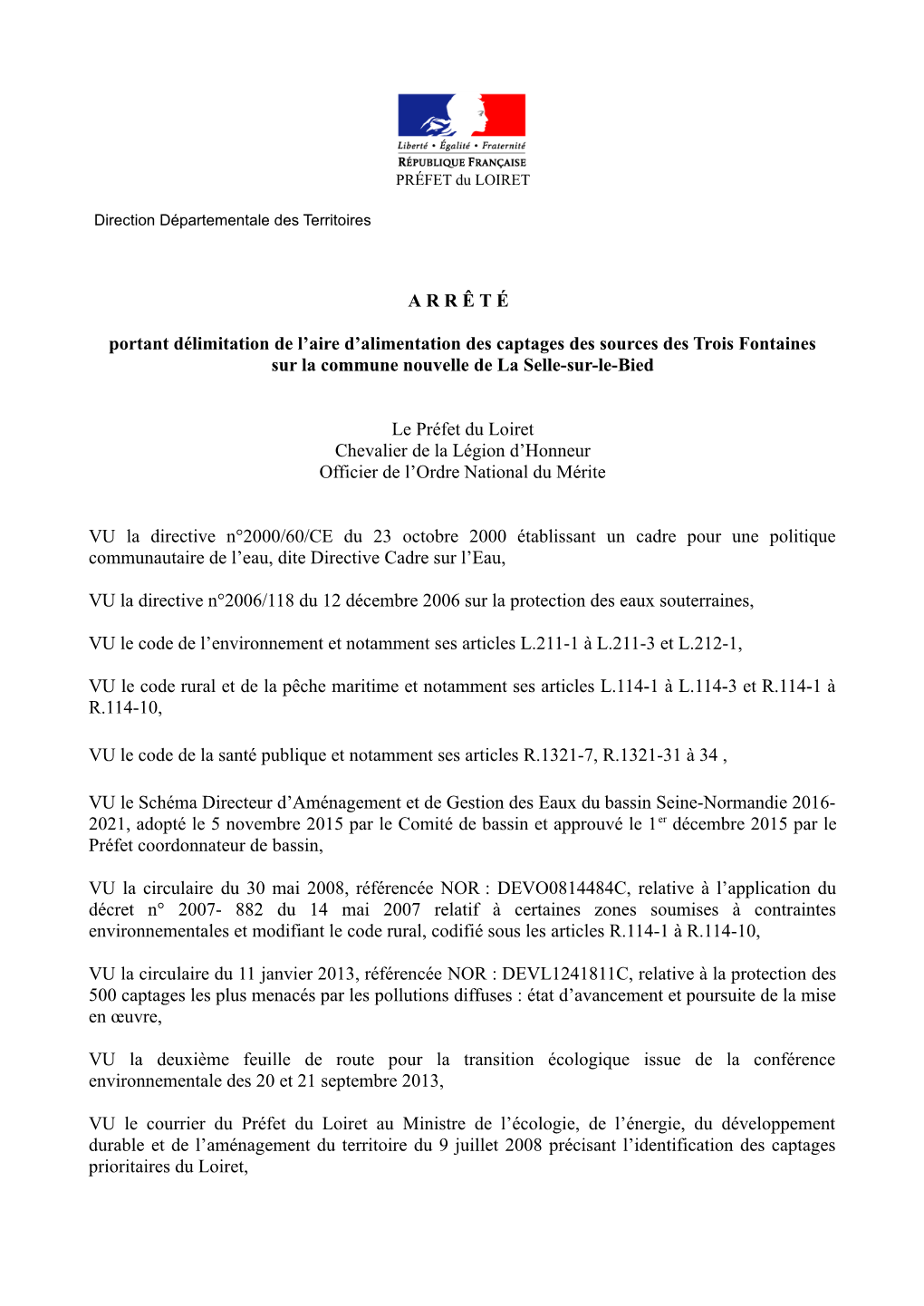 ARRÊTÉ Portant Délimitation De L'aire D'alimentation Des Captages Des Sources Des Trois Fontaines Sur La Commune Nouvelle