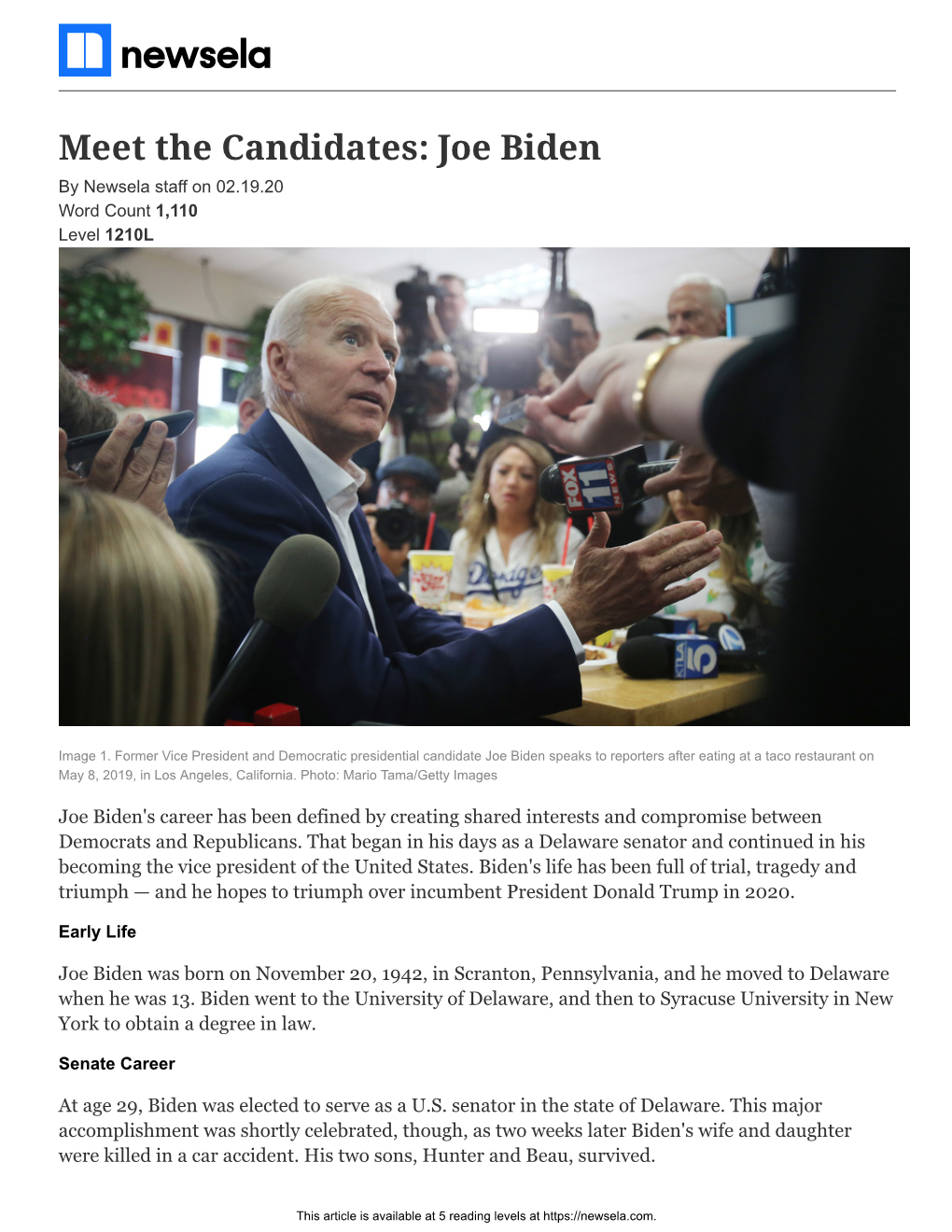 Meet the Candidates: Joe Biden by Newsela Staff on 02.19.20 Word Count 1,110 Level 1210L