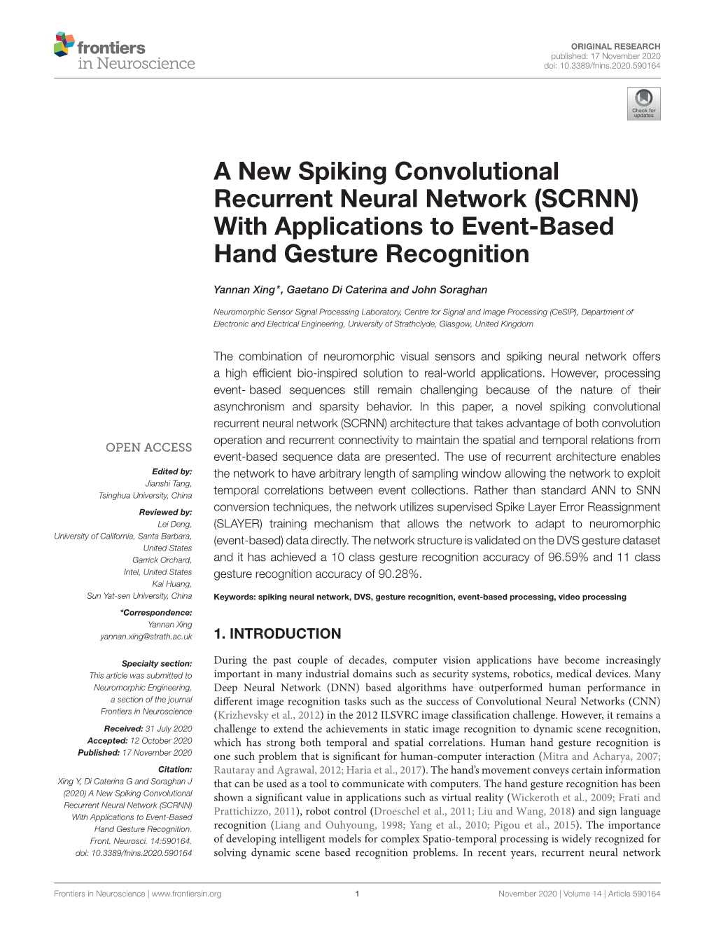 A New Spiking Convolutional Recurrent Neural Network (SCRNN) with Applications to Event-Based Hand Gesture Recognition