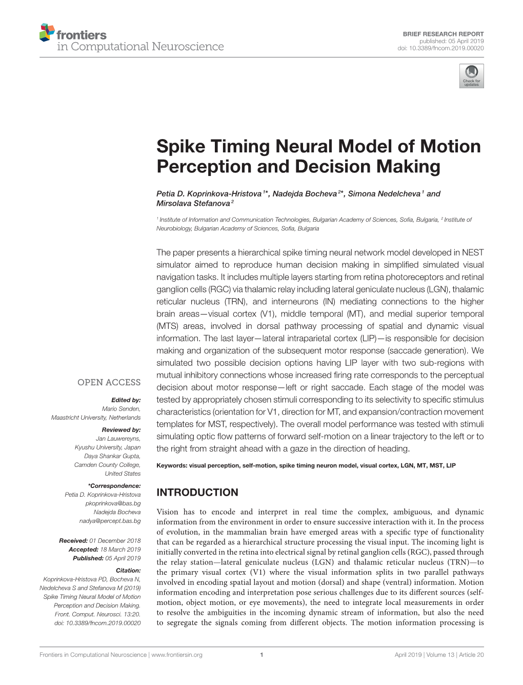 Spike Timing Neural Model of Motion Perception and Decision Making