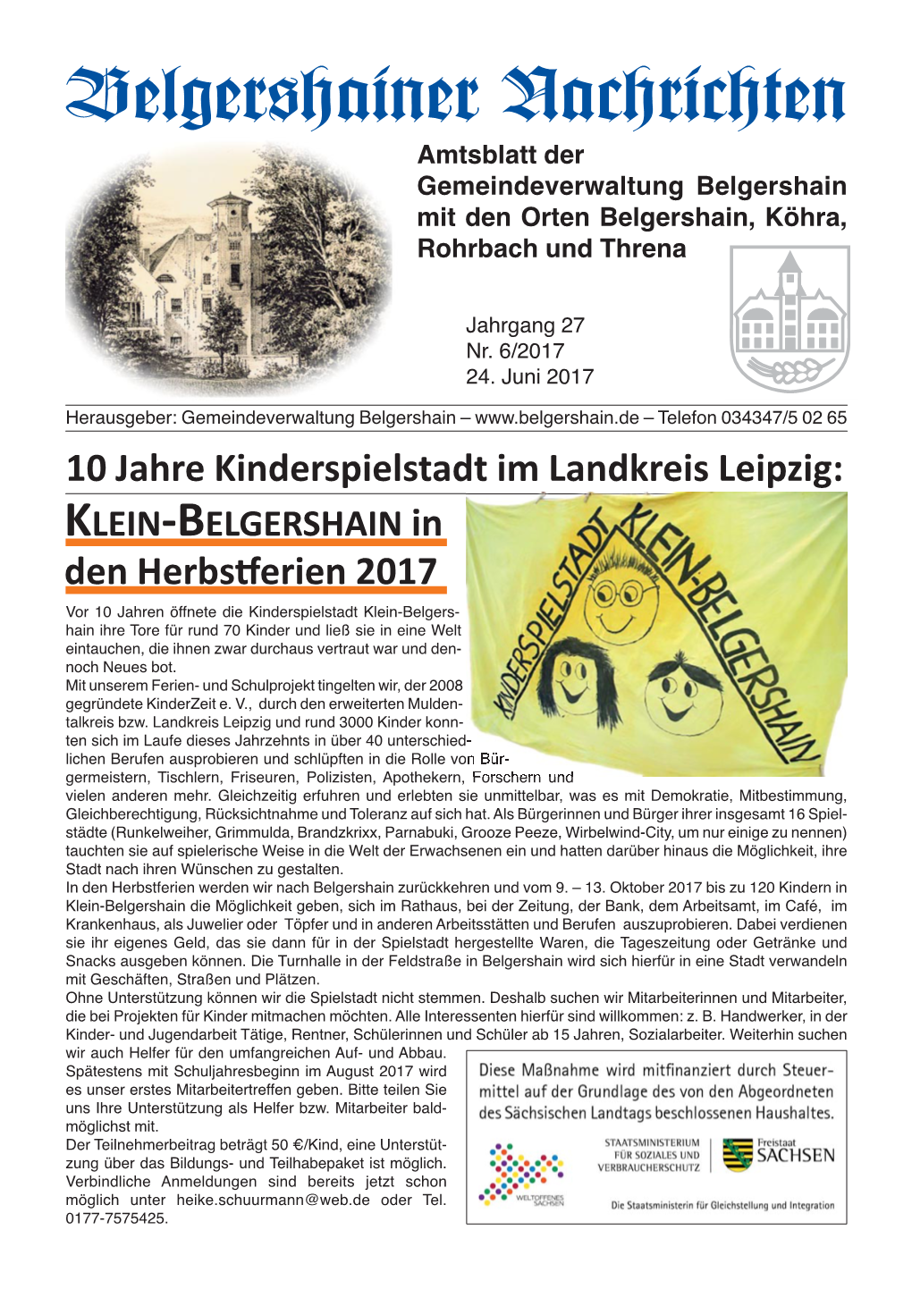 Belgershainer Nachrichten Amtsblatt Der Gemeindeverwaltung Belgershain Mit Den Orten Belgershain, Köhra, Rohrbach Und Threna