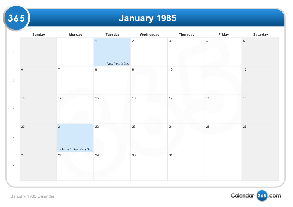 Month Calendar 1985 & Holidays 1985