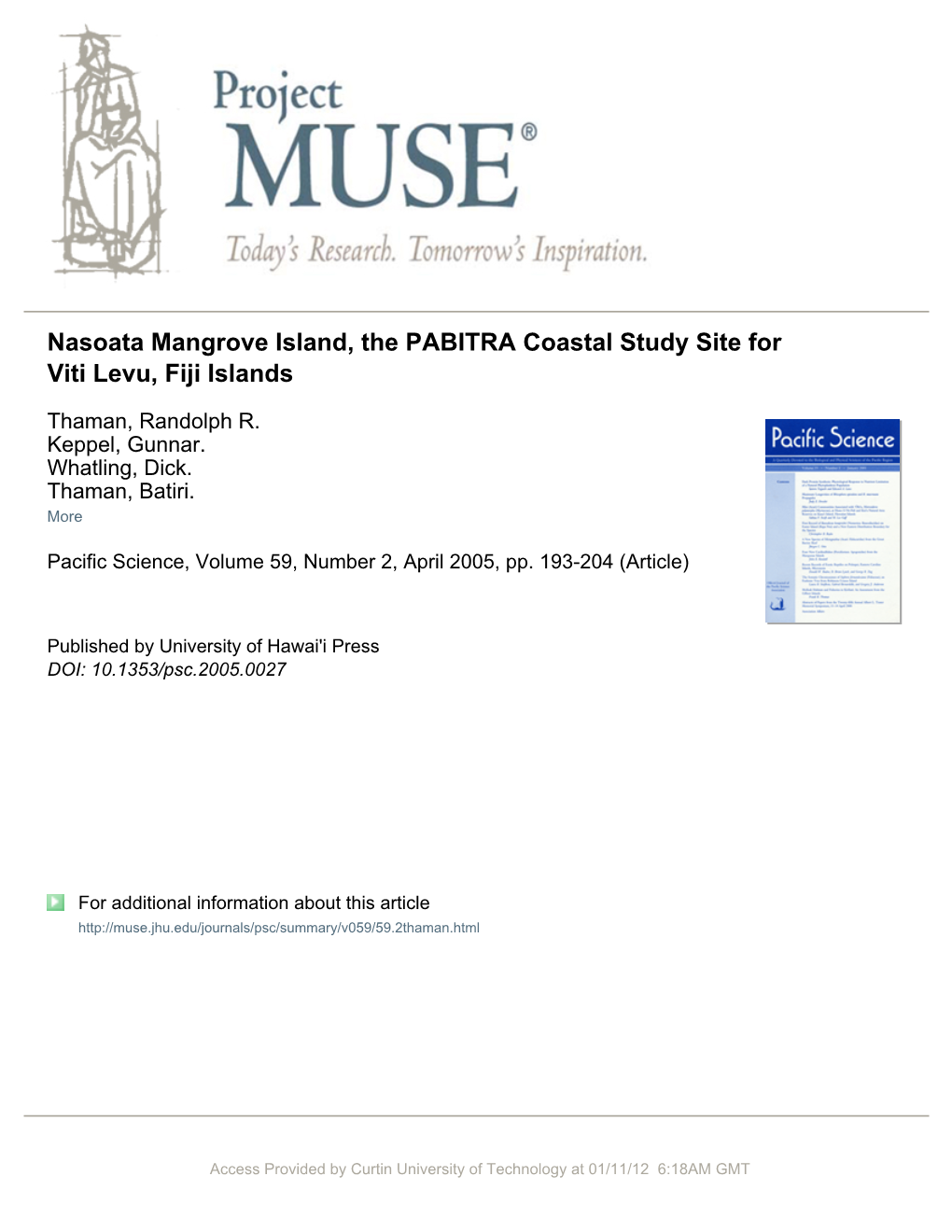 Nasoata Mangrove Island, the PABITRA Coastal Study Site for Viti Levu, Fiji Islands