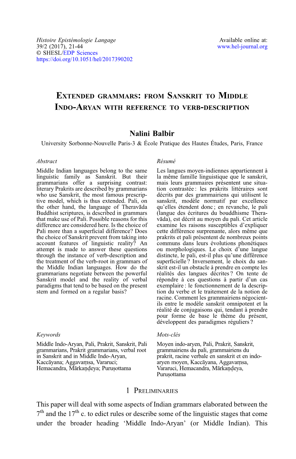 From Sanskrit to Middle Indo-Aryan with Reference to Verb-Description